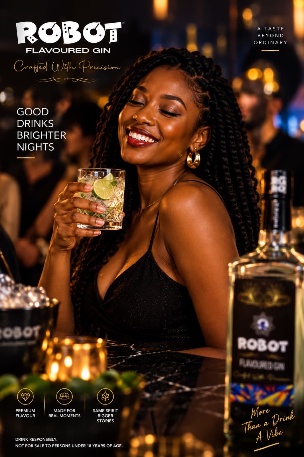 Robot Flavoured Gin campaign artwork — a toast to brighter nights