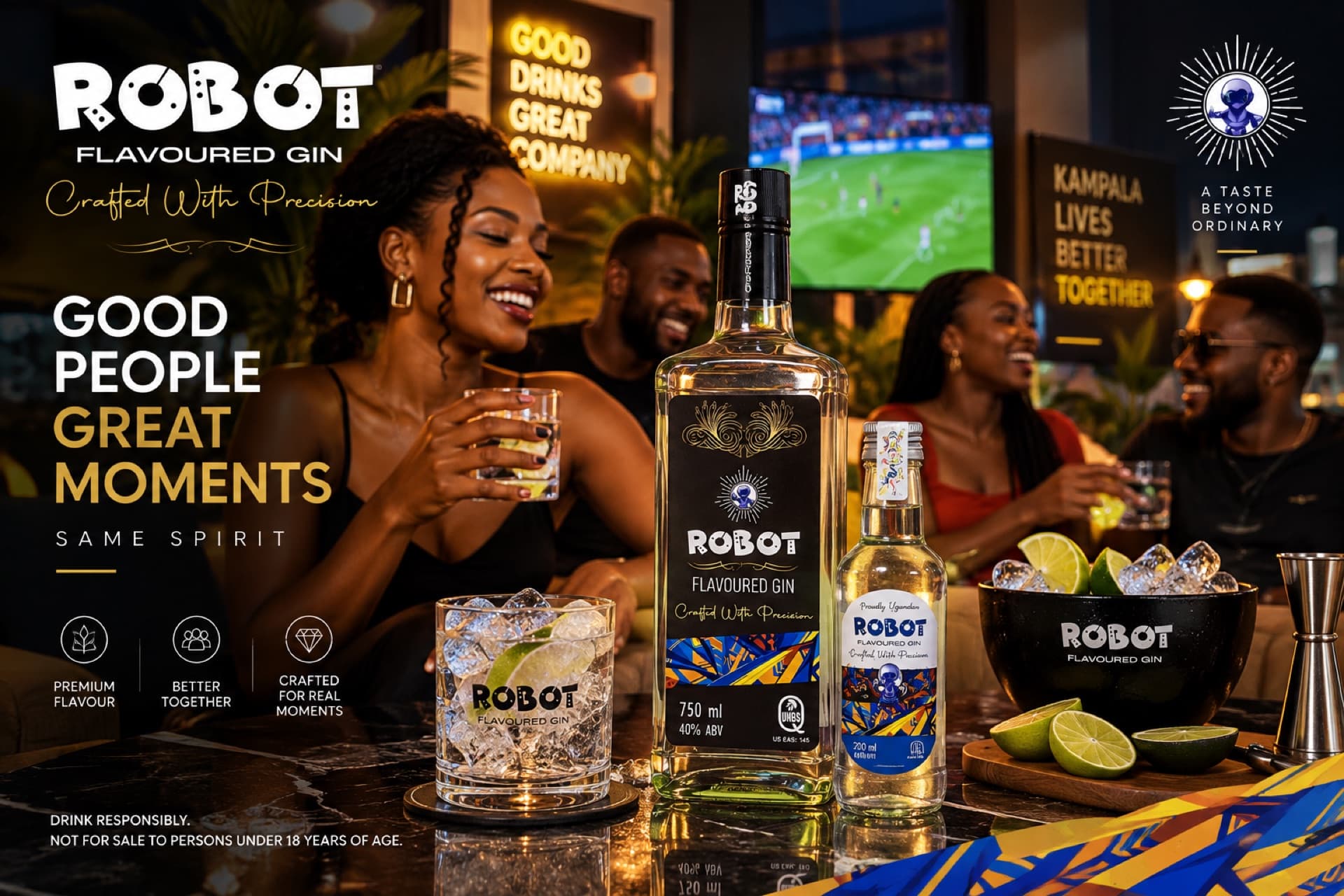 Robot Flavoured Gin campaign artwork — the bottle set for launch night