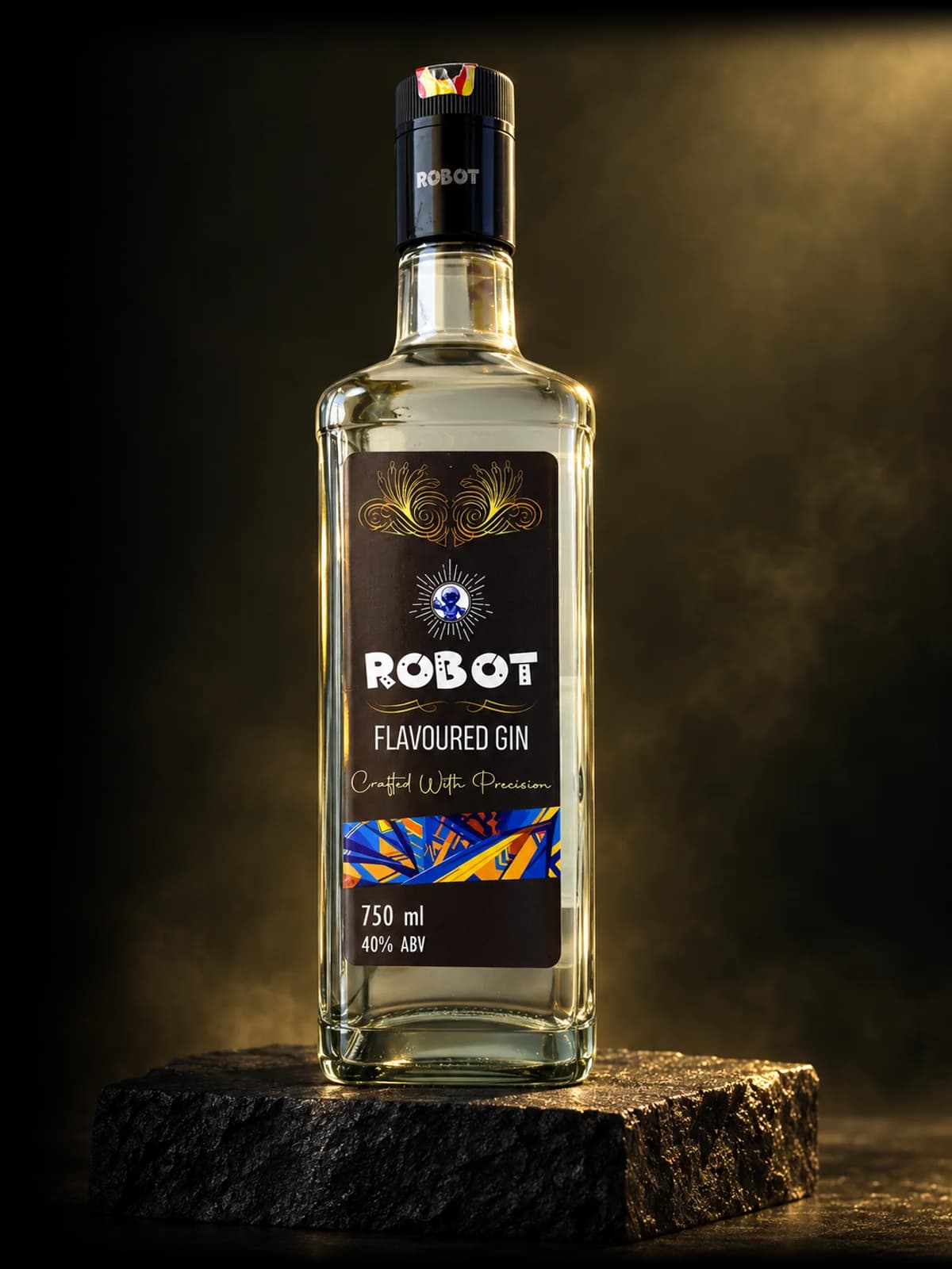 Robot Flavoured Gin 750 ml bottle in a warm studio setting
